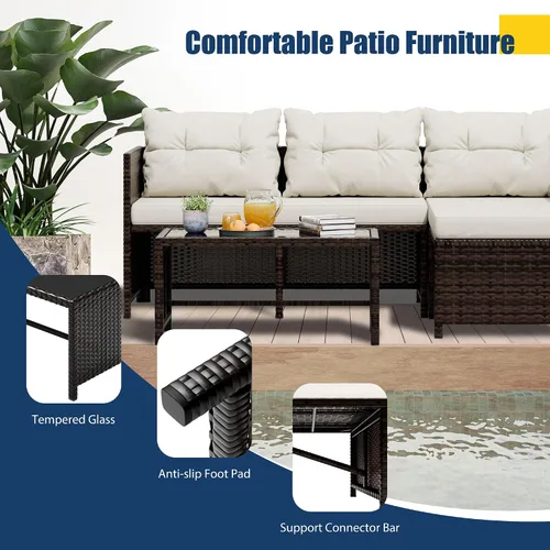 Vista 5 de Vongrasig Juego de muebles de patio de 3 piezas, sofá seccional de mimbre PE para todo tipo de clima, juego de conversación pequeño para Beige