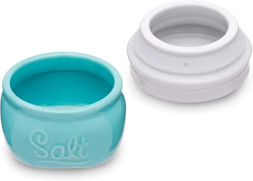 Vista 5 de Fox Run Tarro de sal estilo vintage, cerámica azul con tapa blanca, capacidad de 1 taza