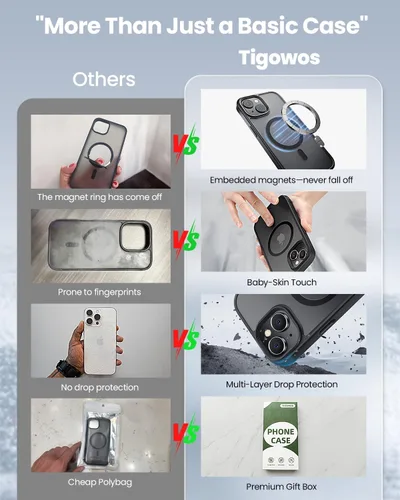 Vista 2 de Tigowos Funda magnética para iPhone 15, resistente a las caídas, sensación de piel mate, a prueba de golpes, ajuste delgado para iPhone 15, negro