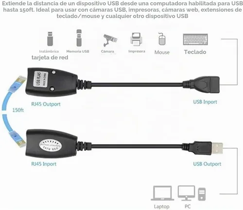 Vista 4 de Adaptador USB (macho) (hembra) a RJ45 - Adaptador de extensión LAN USB a RJ45 sobre cable Cat5/ Cat5e/ Cat6