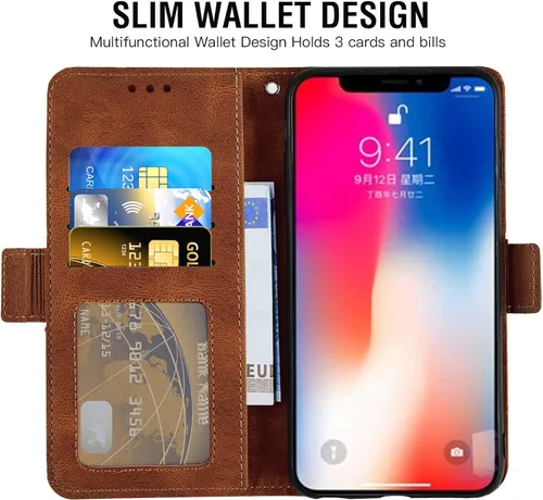 Vista 3 de Funda compatible con iPhone Xs X 10 y 10s y protector de pantalla de vidrio templado, funda de cuero con tapa para tarjeta de crédito, fundas