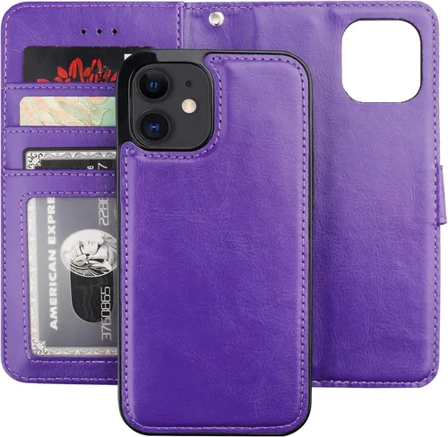 Vista 16 de Bocasal Funda tipo cartera compatible con iPhone 12 e iPhone 12 Pro con soporte para tarjetas de cuero PU magnética desmontable con soporte plegable