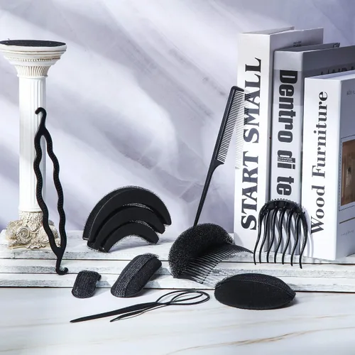 Vista 4 de 16 piezas de esponja para el cabello, herramientas de relleno de volumen, herramientas de trenzado simples, peines de base, accesorios de peinado