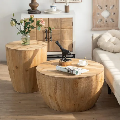 Vista 35 de Mesa auxiliar moderna de madera rústica de 2 niveles, mesas de noche compactas para sala de estar, mesita de noche rectangular minimalista