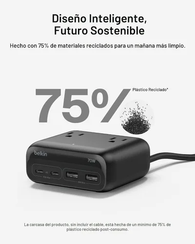 Vista 7 de Belkin GaN Estación de carga de 70 W, cargador USB C dual 7 en 1 con 3 salidas de CA, 2 puertos USB A, regleta de alimentación para iPhone, Apple