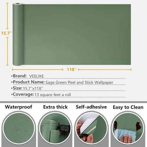 Vista 8 de VEELIKE Papel de Contacto Verde Salvia Grueso de 15.7''x118'' para Gabinetes y Paredes, Despegar y Pegar, Papel Tapiz Verde Removible