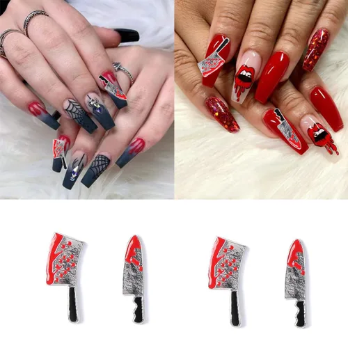 Vista 5 de Abalorios de aleación para uñas de Halloween, cuchillo plateado y rojo de terror, gemas de uñas con cuchillo sangriento metálico 3D, dijes de arte