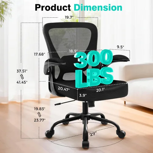 Vista 2 de AreShark Silla de Oficina - Silla de Escritorio Ergonómica de Malla Respirable con Soporte Lumbar Ajustable y Reposabrazos Abatibles - Silla