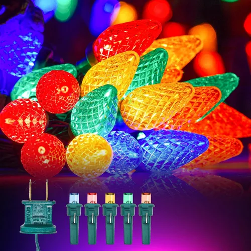Vista 10 de Luces LED C9 de Navidad para exteriores, 34 pies, 50 LED, impermeables, decoraciones navideñas de fresas, luces de cadena, enchufables, luces