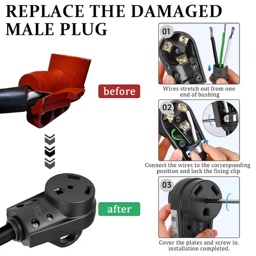 Vista 5 de Enchufe hembra de repuesto de 30 amperios ED-310R resistente 125V 30A con mango de agarre ergonómico, enchufe de 30 amperios para caravana negro