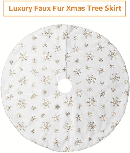 Vista 7 de LOMOHOO Falda para árbol de Navidad, grande, de piel sintética de lujo blanca y dorada con falda de árbol de copos de nieve, decoraciones