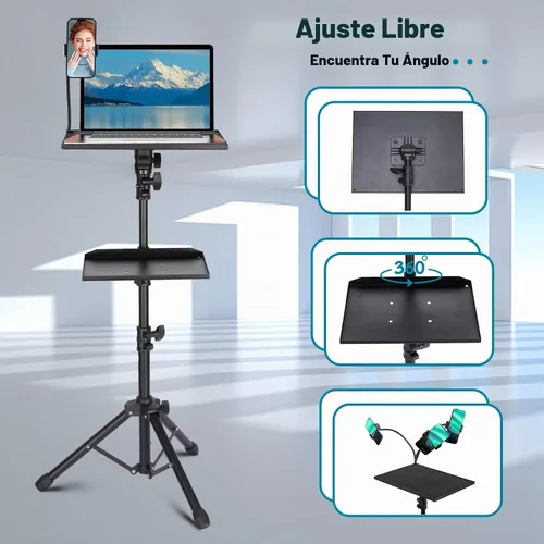 Vista 3 de Lusweimi Soporte de trípode para proyector, soporte para laptop de 50 pulgadas con 2 estantes para proyector, iPad, equipo de DJ, soporte de suelo