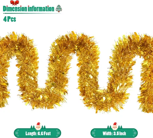 Vista 2 de [Usado] CANREVEL 4 Piezas 26.2 Pies Guirnalda de Navidad de Espumillón Metálico Brillante Trenzado Decoraciones Colgantes para Árbol de Navidad