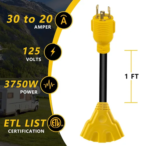 Vista 7 de Adaptador de generador de 30 amperios a 110 V – NEMA L5-30P macho a 3 de 5-20R/5-15R hembra, enchufe de bloqueo giratorio de 3 clavijas