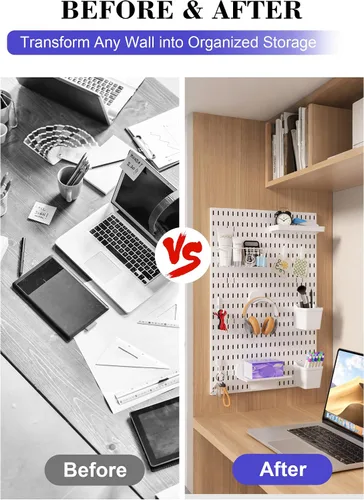 Vista 7 de Set de Organizador de Pared con Tablero de Clavijas – 4 Tableros con Ganchos y Estantes – Organizador de Escritorio para Oficina, Cocina, Sala