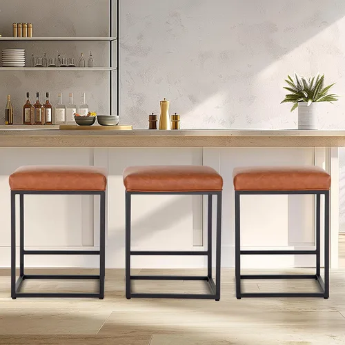Vista 7 de Juego de 4 taburetes de bar marrones para encimera de cocina, taburetes de bar modernos sin espalda de 24 pulgadas, taburetes de bar industriales