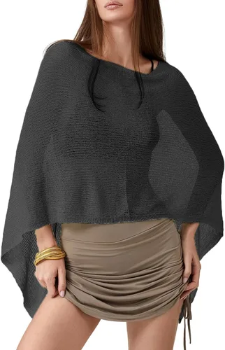 Vista 2 de Amiblvowa Poncho transparente para mujer, poncho de punto Y2K Negro