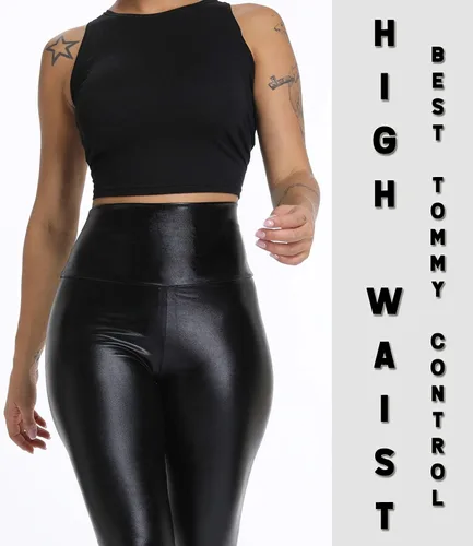 Vista 5 de KIWI RATA - Leggings de piel sintética de poliuretano, cintura alta, para mujer, con levantamiento de glúteos, color negro, sexy, para deportes