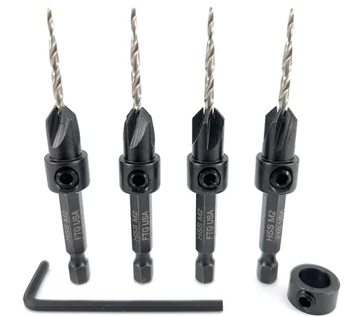 Vista 24 de FTG USA Juego de 3 brocas avellanadoras ajustables para madera #4 (7/64 pulgadas) con broca cónica para carpintería