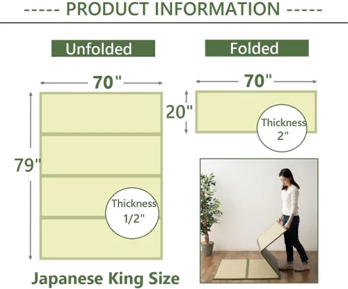Vista 2 de EMOOR Tapete de tatami japonés King Natural Rush Grass (sin teñir), colchón plegable Igusa para el suelo para dormir, colchón de futón japonés