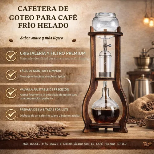 Vista 7 de Nispira Cafetera de Torre de Goteo para Café Frío Cold Brew, Cafetera Manual Cold Brew de 6 a 8 tazas con Válvula Ajustable, Marco de Madera