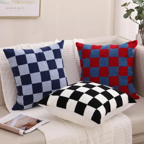 Vista 7 de Alysheer Fundas de almohada decorativas bordadas a cuadros 18"x 18", juego de 2, fundas de almohada de algodón con patrón tuftado de cuadros