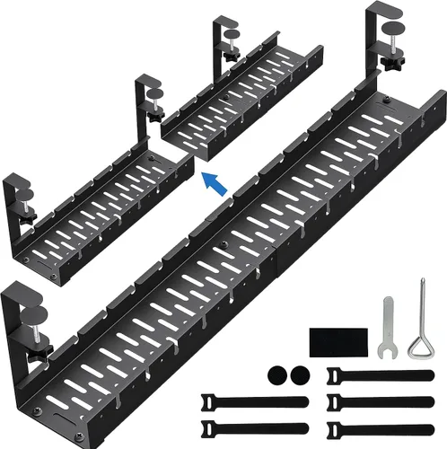 Vista 9 de Sin Perforación Extensible para Gestión de Cables Debajo del Escritorio, Bandeja de Gestión de Cables de Metal Debajo del Escritorio con Abrazadera