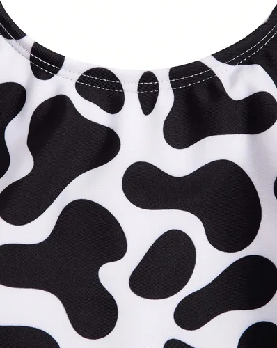 Vista 3 de WDIRARA Traje de baño de 2 piezas con estampado de vaca para niña, cuello redondo, lindo traje de baño
