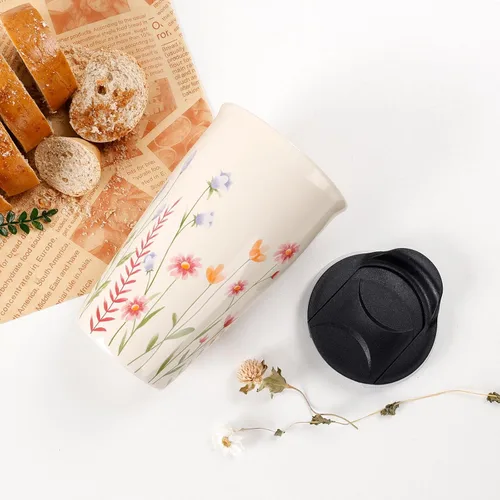 Vista 7 de ANTIS'S HOME Taza de Viaje de Cerámica con Tapa, Taza de Café Tumbler de Doble Pared Beige con Patrón de Flores, Taza Alta Reutilizable, Tapa