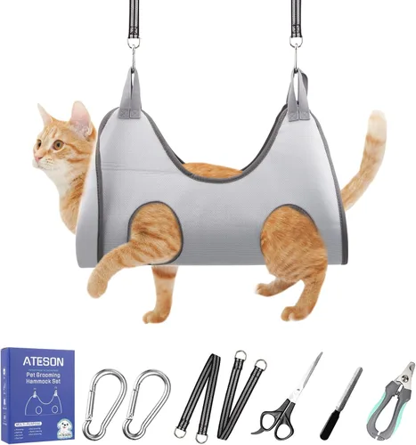 Vista 31 de Hamaca de aseo para mascotas para perros y gatos pequeños – Eslinga para recortar uñas con cortaúñas, lima de uñas y tijeras – Arnés de aseo