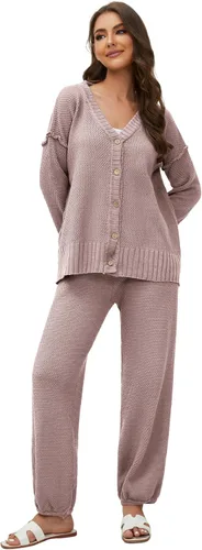 Vista 4 de Lauweion Women's Two Piece Sweater Sets Knit Open Front Cardigan and Wide Leg Pants Fall Lounge Outfits
