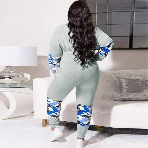 Vista 5 de Conjunto deportivo de 2 piezas de talla grande para mujer, con botones, manga larga, camiseta corta, chaqueta universitaria, pantalones de retazos