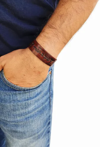 Vista 3 de Amen Judaica Pulsera de cuero con motivo de bendición judía hebrea