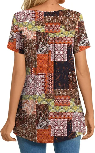 Vista 4 de CATHY Blusa de verano para mujer, manga corta, cuello en V, encaje de ganchillo, casual, plisada