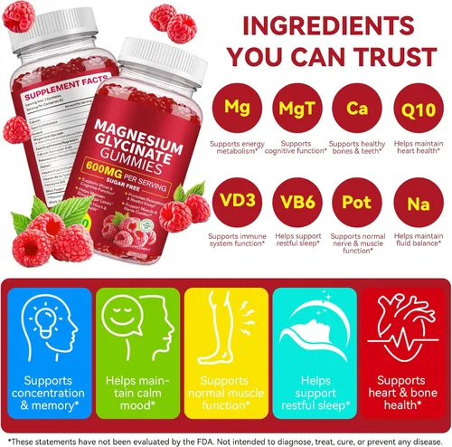 Vista 6 de Gomitas de glicinato de magnesio de 600 mg, suplemento de magnesio de alta absorción para mujeres, hombres y niños, apoyo muscular, sueño