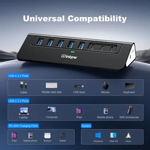 Vista 7 de Hub USB alimentado de 10 Gbps, intpw YH6AC Plus 10 puertos USB 3.2 Hub