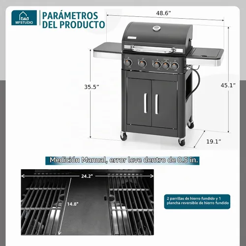 Vista 2 de MFSTUDIO - Parrilla de barbacoa a gas de 4 quemadores con quemador lateral, color negro