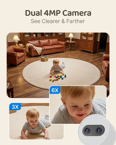 Vista 3 de Simsky Monitor Inteligente para Bebés con Cámara de 2×4MP, Zoom Óptico de Calidad 6X, Almacenamiento Local de 32GB, Seguimiento de IA, Detección