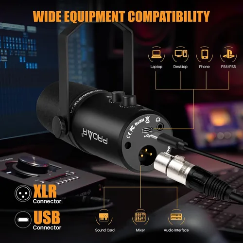 Vista 4 de Micrófono dinámico XLR/USB, micrófono de computadora de PC para podcasting, grabación vocal, transmisión en vivo, juegos, voz en off, kit