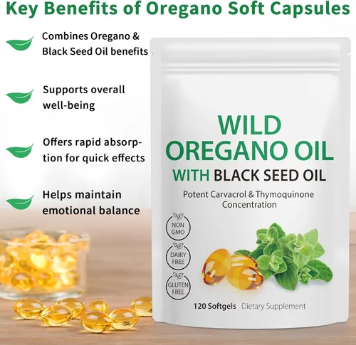 Vista 2 de Cápsulas blandas de aceite de orégano de 6000 mg por porción, 120 unidades 2 en 1 formulado con aceite de semilla negra de 200 mg, antioxidantes