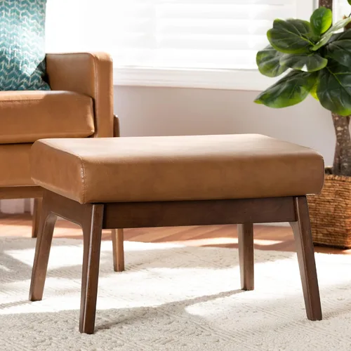 Vista 2 de Baxton Studio Bianca Mid-Century - Otomana moderna con acabado de madera y piel sintética marrón nogal