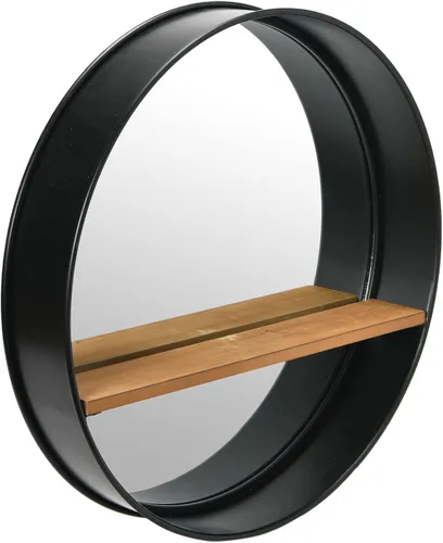 Vista 10 de Creative Co-Op Espejo de pared redondo con marco de metal con estante de madera, negro y natural, 24 pulgadas