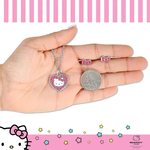 Vista 4 de Hello Kitty Sanrio Fashion Jewelry Set de licencia oficial 16 pulgadas + 3 pulgadas colgante collar y aretes de lazo, Imitación de rodio, Sin