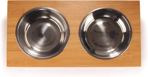Vista 3 de BambooMN Comedero elevado para perros, soporte 100% bambú, 4 cuencos de metal para alimentos y agua, pequeño
