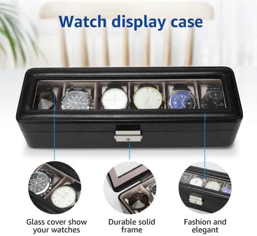 Vista 3 de BareTulip Organizador de caja de reloj para hombres y mujeres Caja de reloj con 6 ranuras Caja de reloj de cuero Pu-Display con ventana de vidrio
