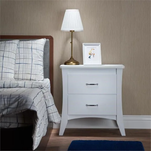 Vista 2 de Acme Babb Mesita de noche rectangular de madera con 2 cajones y patas cónicas en color blanco