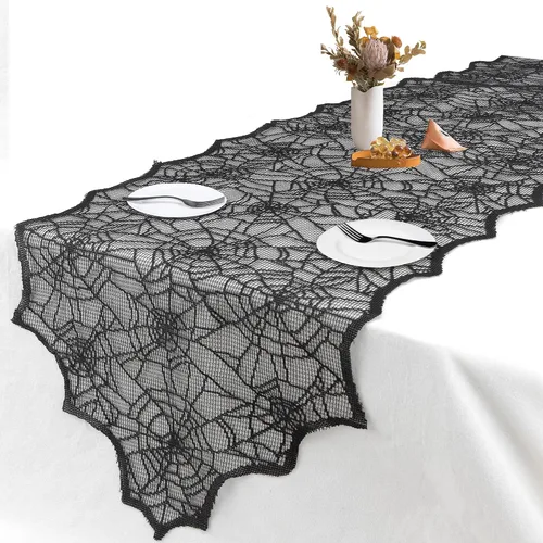 Vista 9 de Camino de mesa de telaraña de encaje negro, 2 piezas, 18 x 72 pulgadas, encaje de poliéster, perfecto para fiestas y reuniones de Halloween