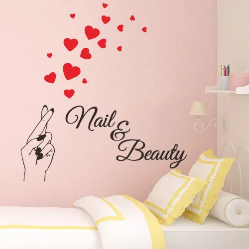 Vista 7 de JWH181 - Adhesivo para pared de uñas y salón de belleza, hermosos dedos y corazones rojos, arte de pared extraíble de PVC para barra de esmalte