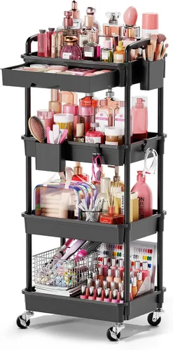 Vista 9 de Goovilla Carrito Organizador de Maquillaje Rodante con Cajón Extraíble, Carrito de Almacenamiento de Cuidado de la Piel de 3 Niveles Estable Negro