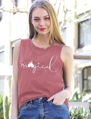 Vista 3 de Camisetas sin mangas mágicas para mujer, chaleco gráfico Magic Kingdom Castle para verano, casual, vacaciones, sin mangas
